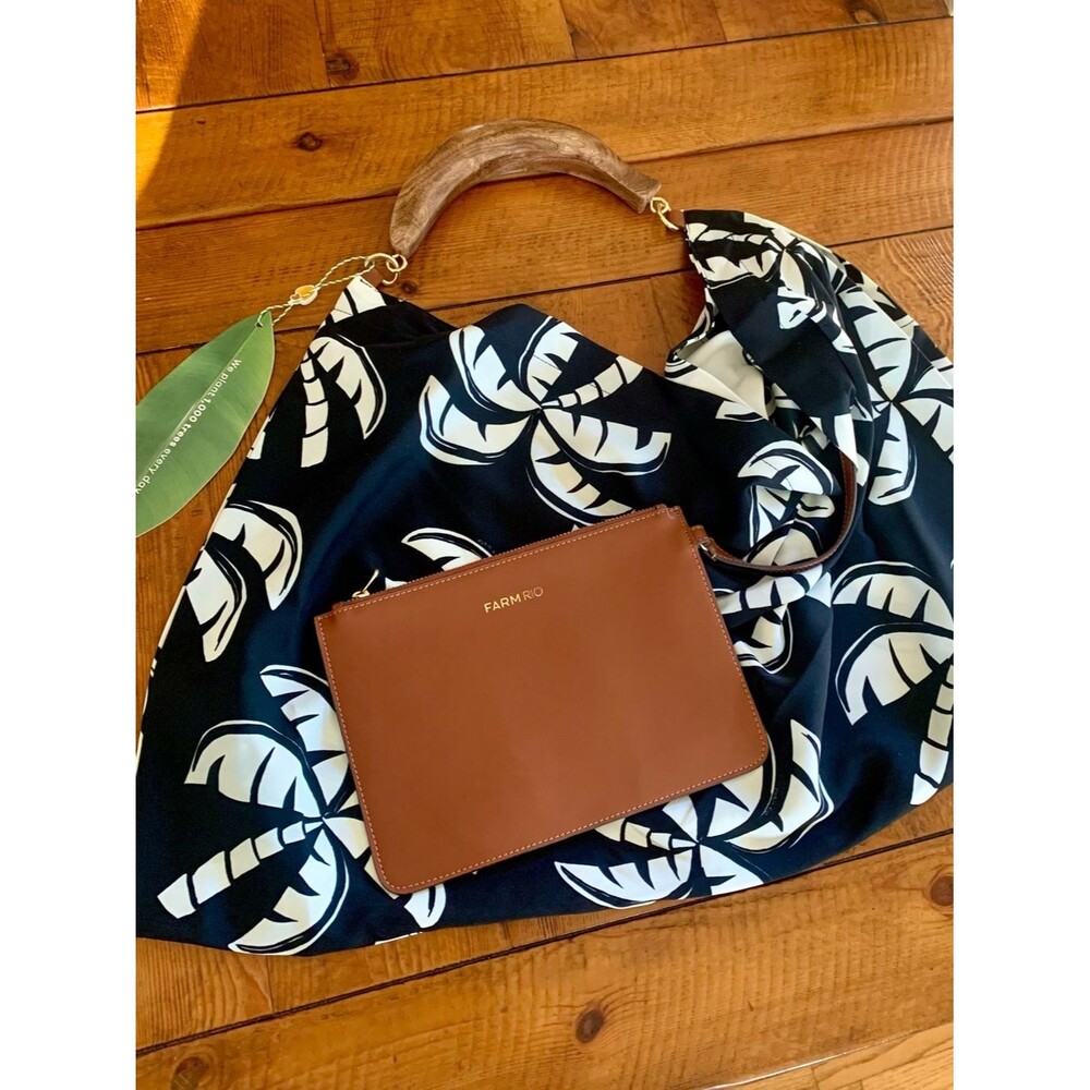 NEW FARM Rio Black And White Scarf Tote Bag Wood Handle Reversible Palm Trees - Picture 9 of 12